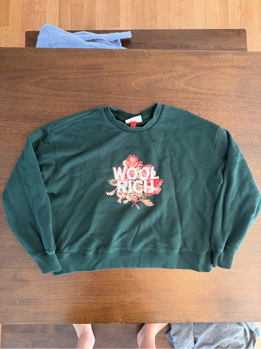 Woolrich womens Forest Green Crewneck Sweatshirt with Pink Floral Embroidery
